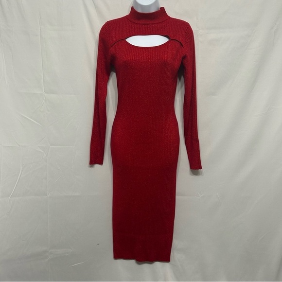 Say What Ribbed Cutout Long Sleeve Sweater Dress Midi - Red Metallic size L - Picture 5 of 8